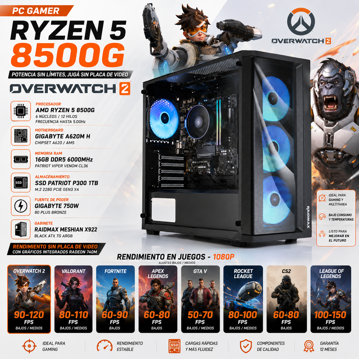 AMD R5 8500G | 16GB | 1TB M.2 | 750W | A620M-H | Radeon 740M