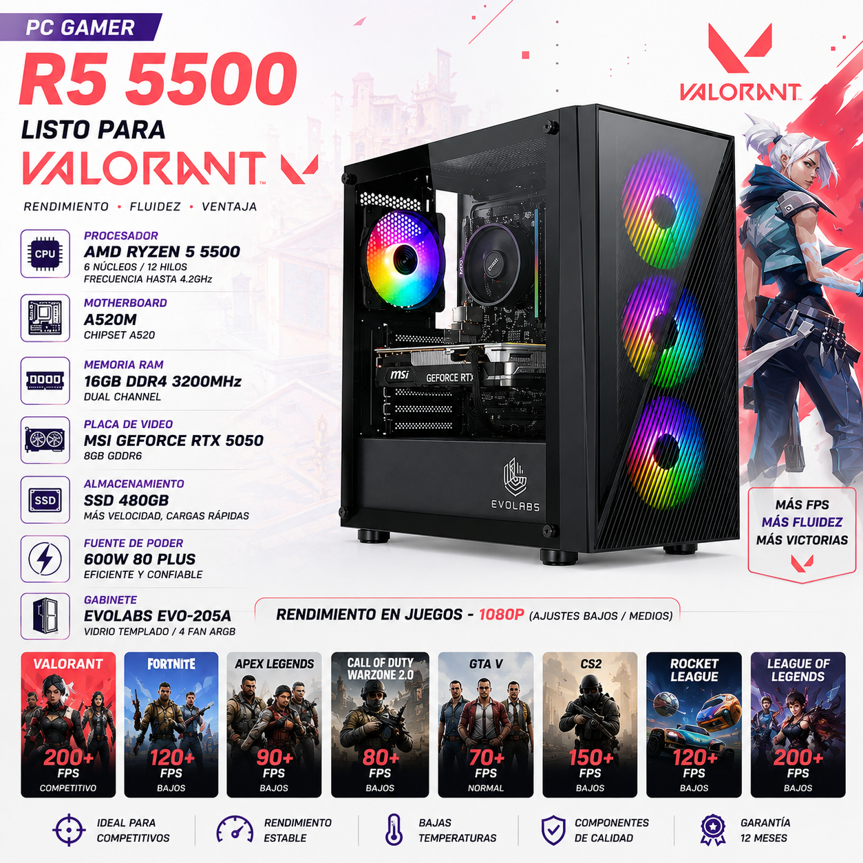 AMD R5 5500 | 16 GB DDR4 | RTX 5050 | 480 GB | 600W