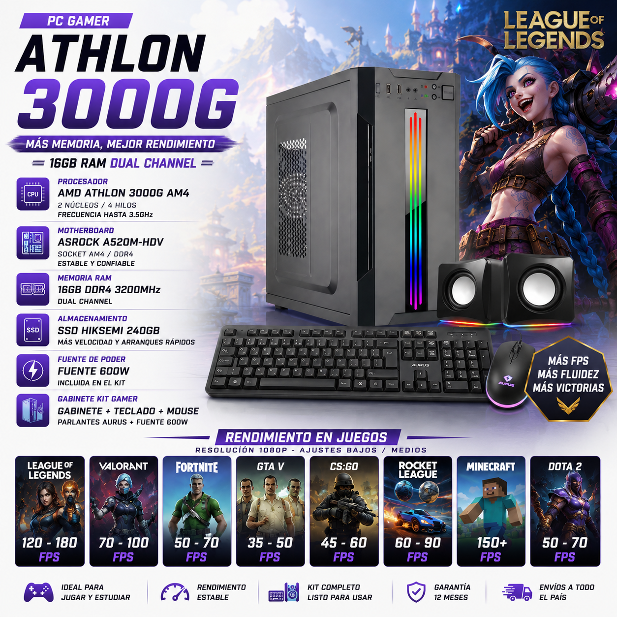 AMD 3000G | 16GB | 240GB | 500W | GABINETE KT
