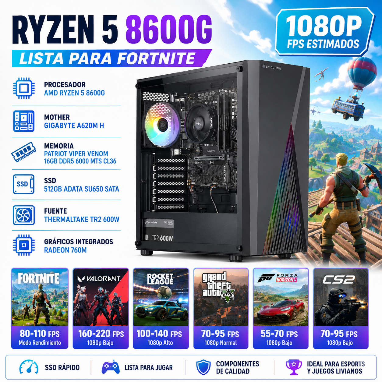 AMD R5 8600G | 16GB | 512GB | A620M | RADEON 760M |