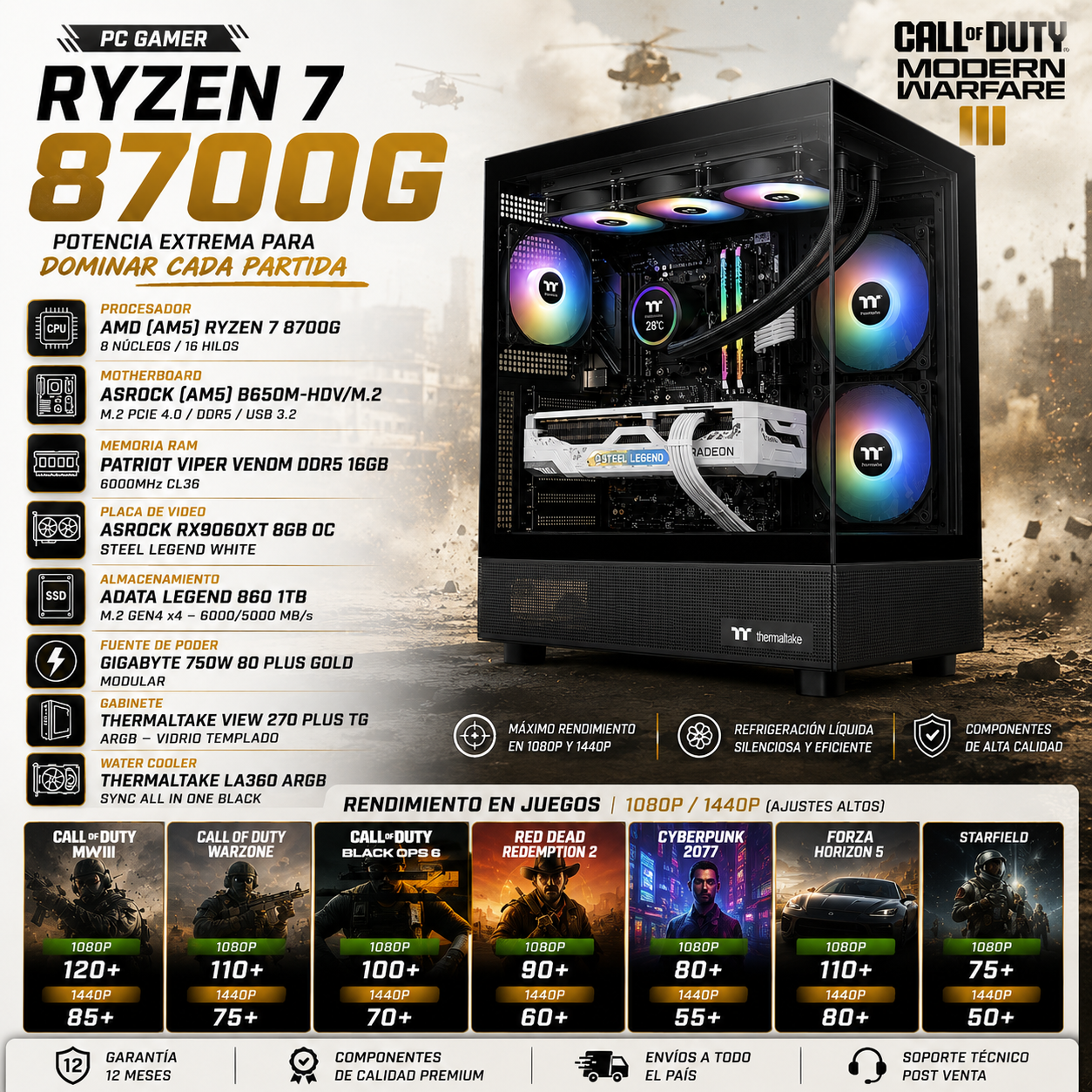 AMD R7 8700G | 16GB DDR5 | RX9060XT | 1TB | 750W | VIEW 270 | WATER COOLER