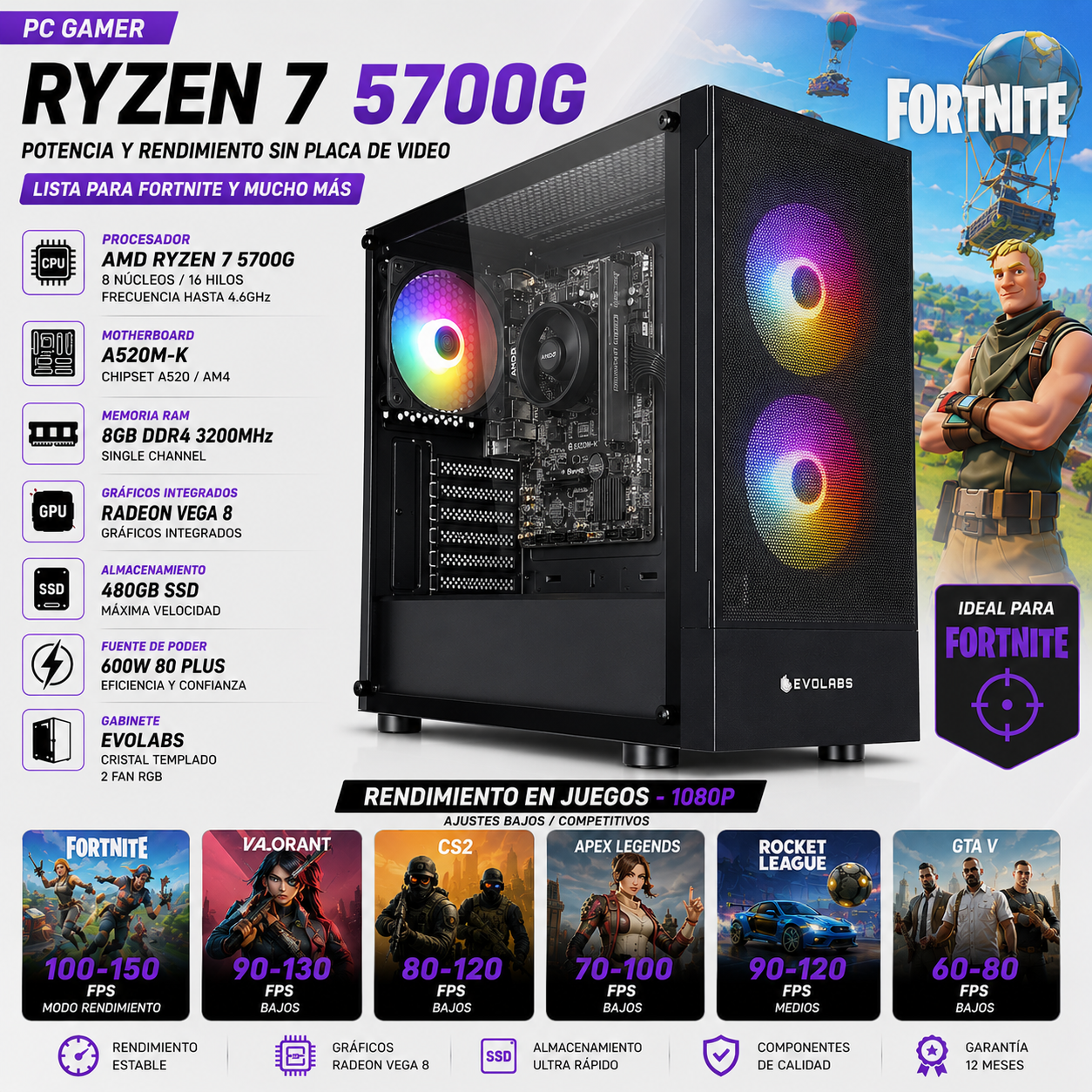 AMD R7 5700G | A520M K | 8 GB | 480 GB | 600W | RADEON VEGA 8