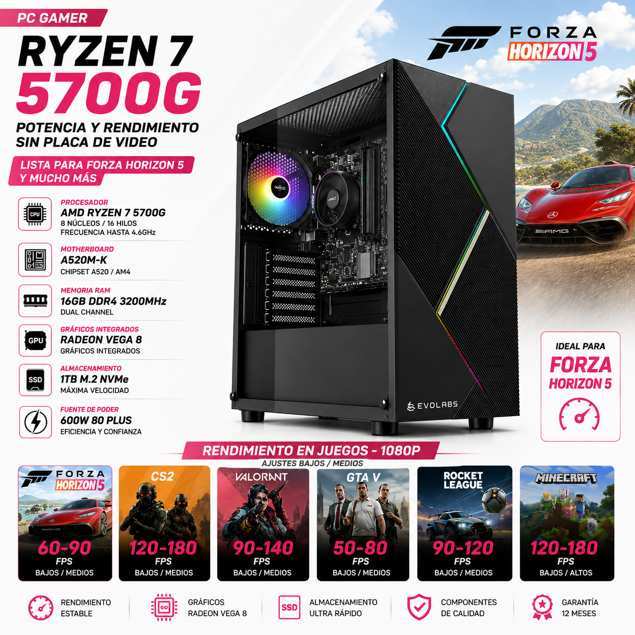 AMD R7 5700G | 16GB | 600W | 1TB M.2 | RADEON VEGA 8