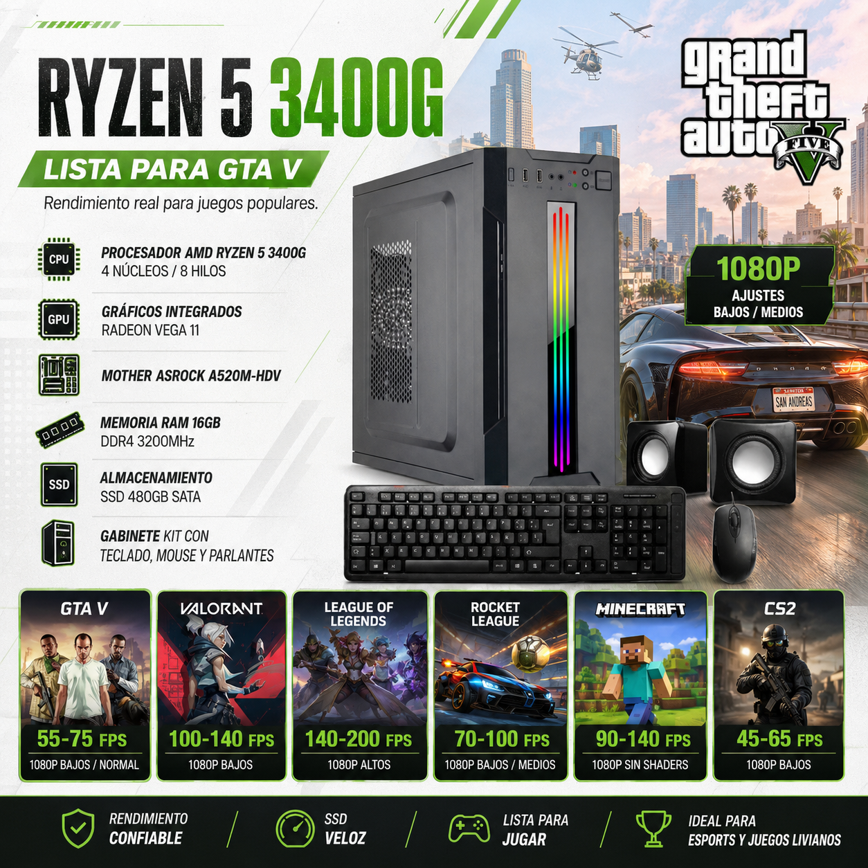 AMD R5 3400G | 480 GB | 16 GB DDR4 | KIT | 500W | RADEON VEGA 11