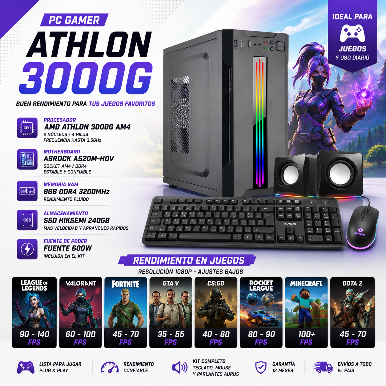 AMD 3000G | 8 GB | 240 GB | 500W | RADEON VEGA 8 | GABINETE KIT